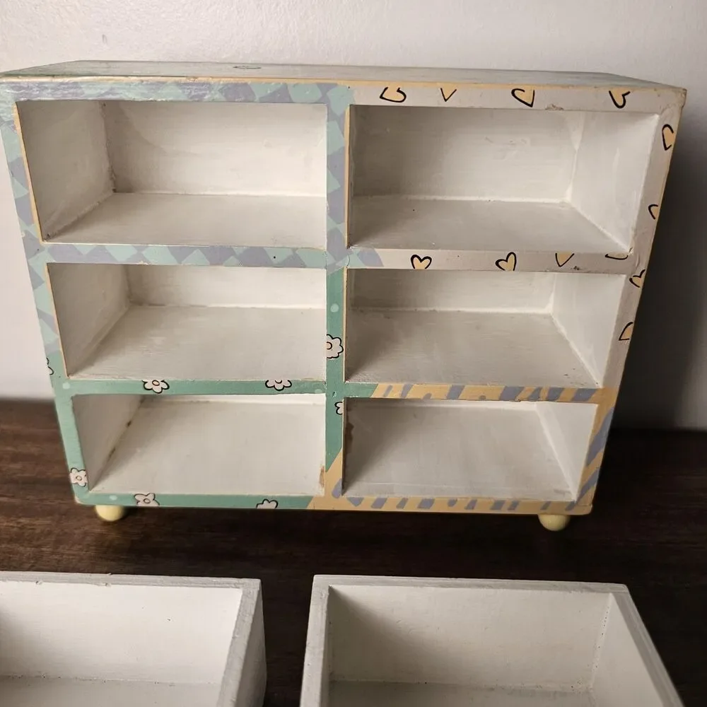 Vintage Lillian Vernon Y2K Girls Wooden Jewelry Chest 6 Drawer Heart Pulls